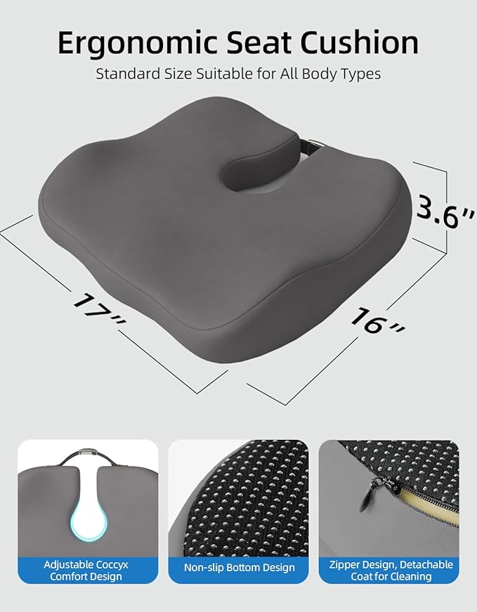 Extra-Dense Seat Cushion for tailbone pain relief ，Ergonomic seat cushions for office chairs，sciatica pain relief pillow , pressure relief Seat Cushion, office chair cushion，car seat cushion-Grey