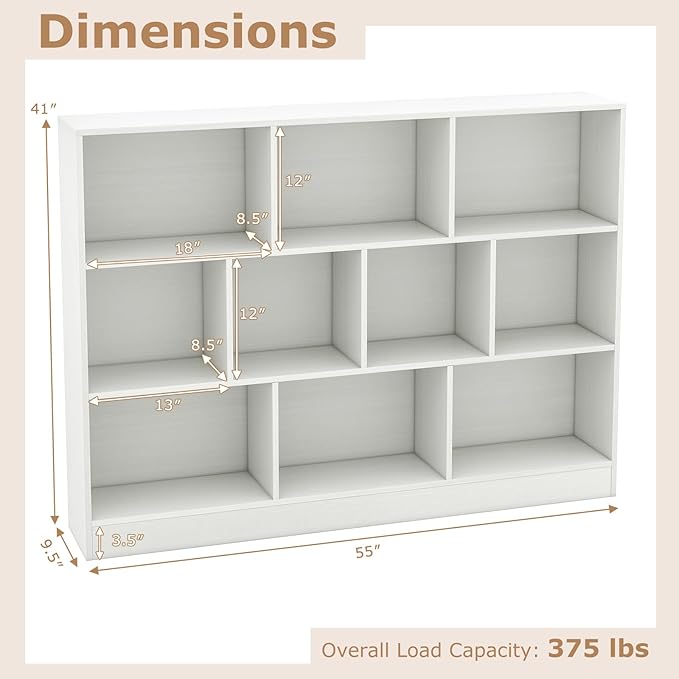 Tangkula 10-Cube Bookshelf, 55”L Floor Bookcase with 2 Anti-Tipping Kits, Freestanding Storage Organizer, 4-Tier Display Shelf for Home, Office & Dorms, Natural/White (White, 10-Cube-Large)