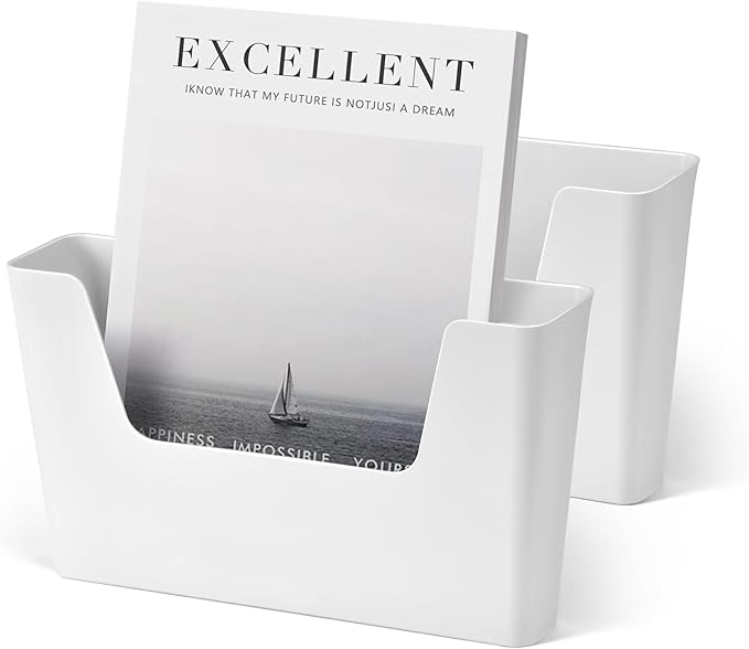 YOHOM No Drilling File Holder Wall Mails Magazines Organizer Adhesive Door Mount, Single Pocket, (White 1) (WHITE, 2 PCS)