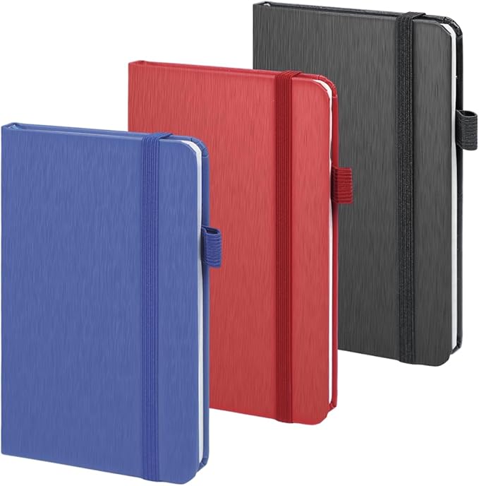 ONAVIA A6 Pocket Notebook Lined Journals, Small Journaling Notebooks, 160 Pages Hardcover Mini Notepad for Writing, Work, School and Note Taking with Pen Holder, 3.5" x 5.7", 3 Pack (Black+Red+Blue)