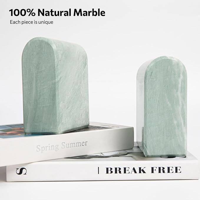 Faticdorr Luxury Marble Bookends for Shelves, 13LB Heavy Duty Marble Book Ends for Heavy Books, Stone Bookends Decorative, Polished, Light Green Arch, Set of 2