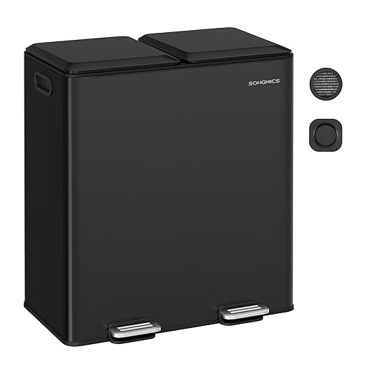 SONGMICS Trash Can, 2 x 8 Gallon (2 x 30 L) Double Garbage Can with Soft-Close Lids, Removable Inner Buckets, Pedals, Stainless Steel, for Waste and Recycling, Ink Black ULTB743B01
