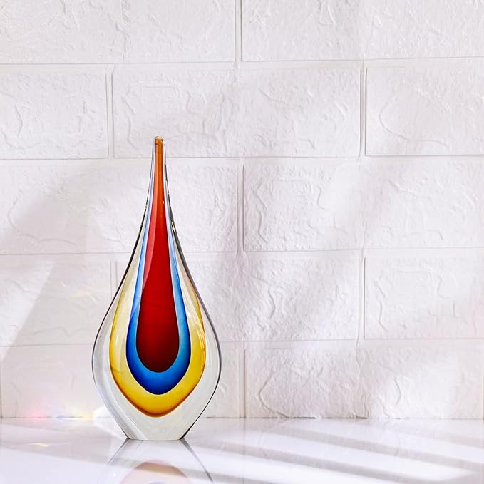 9" Tall Sculpture Hand Blown Glass Decor, Paperweight for Office Desk, Modern Glass Art Figurines Mediterranean Beach House Decor, Living Room Coffee Shelves Table Top Decoration (Red)