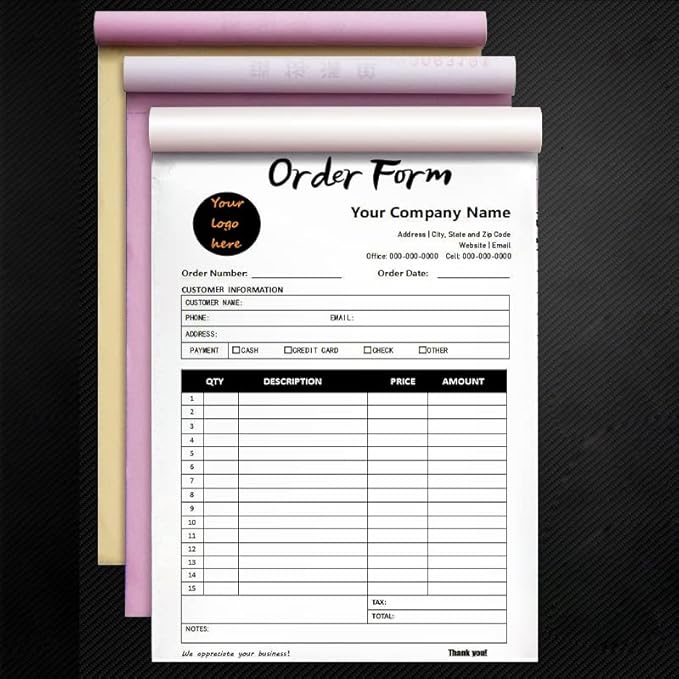 Custom Carbonless Sales Invoice Form Books for Small Business, Personalized NCR 3-Part Receipt Book with Carbon Copies, Cover Add Company Name, Address and Number Printed