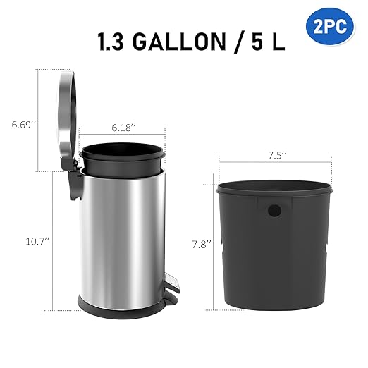 SIMPLYKLEEN Bathroom Trash Can with Lid - 2PC Oval Small Trash Can with Soft-Close Lid, Foot Pedal, Brushed Stainless Steel, Removable Liner, Garbage can for Kitchen, Office, Home Silver