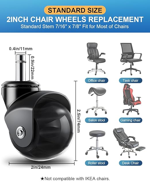 RidRed Office Chair Wheels Replacement Heavy Duty 2 Inch Roller Blade Wheels for Carpet Hardwood Floors,Support 2000 LB, Rubber Rollerblade Desk Chair Casters, Standard Stem Universal Fit, Set of 5