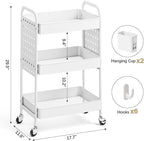 KINGRACK 3 Tier Rolling Cart with DIY Hanging Board, Metal Rolling Utility Cart with Wheels Handles Baskets Hooks, Rolling Storage Cart Suitable for Bathroom, Kitchen, Office, Nursery Diaper (White)