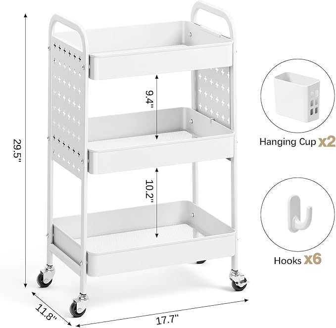 KINGRACK 3 Tier Rolling Cart with DIY Hanging Board, Metal Rolling Utility Cart with Wheels Handles Baskets Hooks, Rolling Storage Cart Suitable for Bathroom, Kitchen, Office, Nursery Diaper (White)
