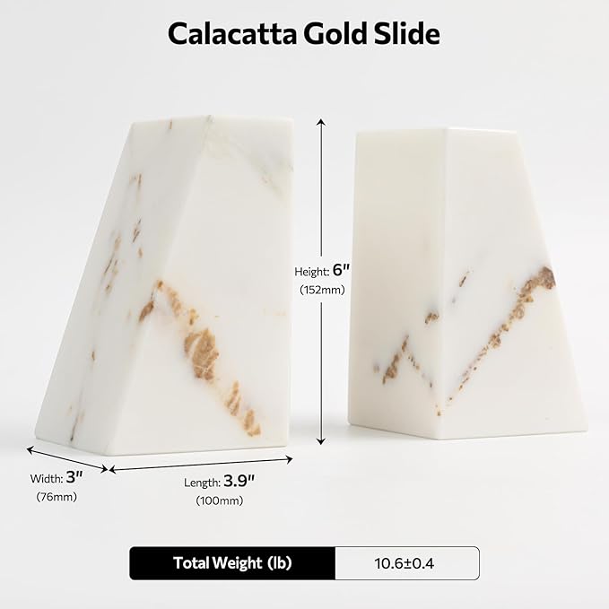 Faticdorr Luxury Marble Bookends for Shelves, 11LB Heavy Duty Marble Book Ends for Heavy Books, Stone Bookends Decorative, Polished, Calacatta Gold Triangular, Set of 2