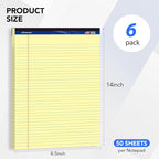 WritePads Legal Pad 8.5"x14" Note Pad,Wide Ruled Writing Pad,Canary Paper,6 Pack,50 Sheets Per Pad,Micro perforated Notepad,Made in the USA