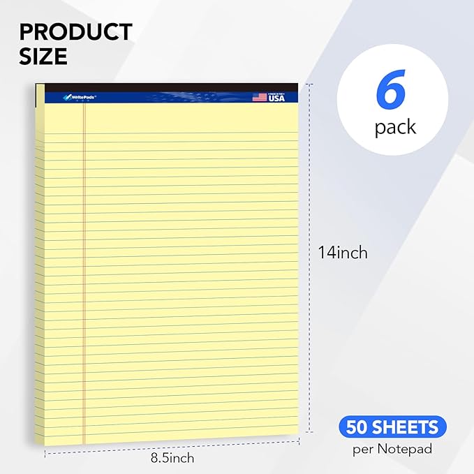 WritePads Legal Pad 8.5"x14" Note Pad,Wide Ruled Writing Pad,Canary Paper,6 Pack,50 Sheets Per Pad,Micro perforated Notepad,Made in the USA