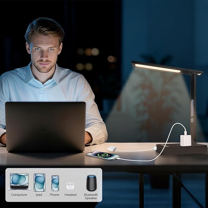 snsok Smart Desk Lamp with Dual USB Charging (Type-C/USB-A) & 2 AC Outlets, Digital Clock, Temperature Display, 5 Color Modes, 5 Brightness, Adjustable - for Office, Bedroom, Dorm Room, Study