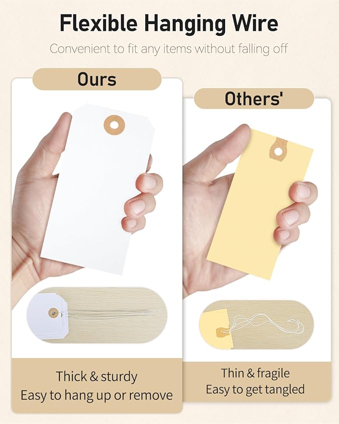 Uniclife 100 Pcs Manila Tags White Blank Shipping Tags with Wire Attached 4.7 Inch Paper Hang Tag with Reinforced Eyelet Large Marking Writable Price Label Tag, 4.7" x 2 3/8"