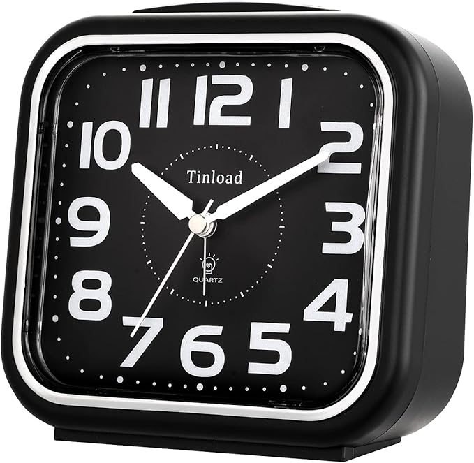 Tinload 5.5" Large Analog Alarm Clock Silent Non Ticking, Gentle Wake, Beep Sounds, Increasing Volume, Battery Operated Snooze and Manual Light, Easy Set, Black (Best for Elder)