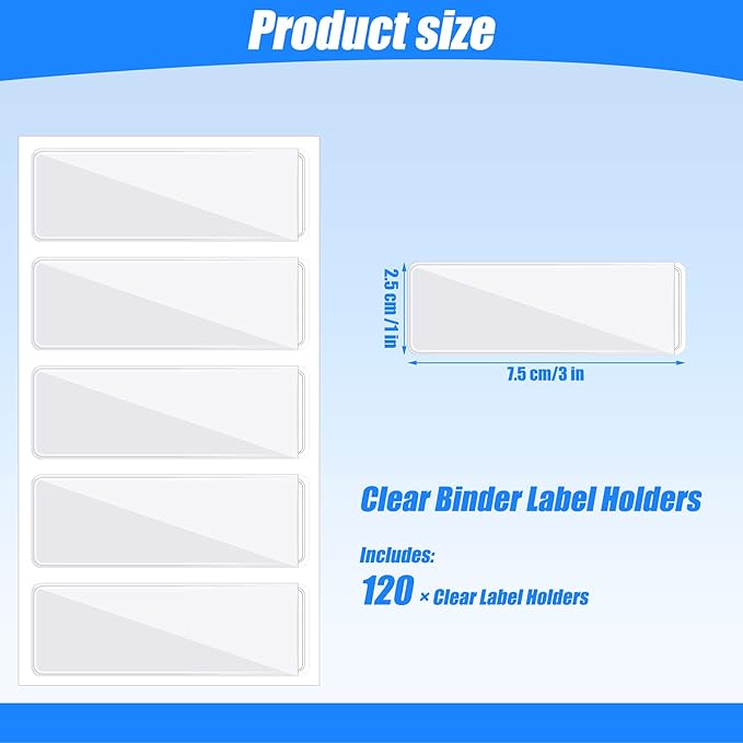 120 Pieces Clear Binder Label Holders Self Adhesive Label Holder Clear Adhesive Pockets for Business Card Storage Bins Toy Bins Scrapbooks Binders Notebooks Boxes Blank Spine Inserts