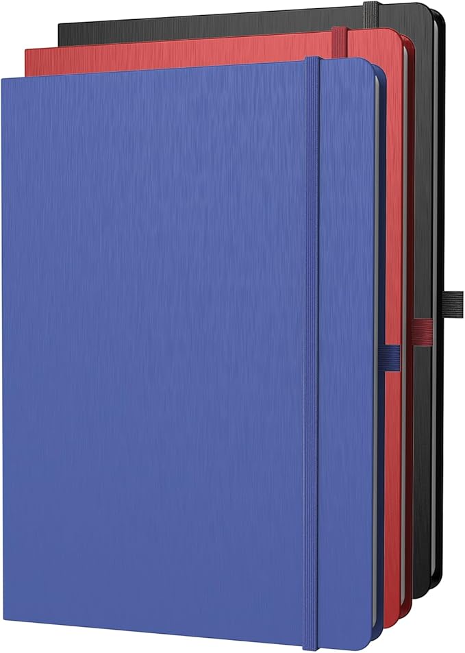 ONAVIA A4 Lined Journal Notebook, 8mm Ruled Notepad, Journaling for Writing, Work, School, Travel and Note Taking, Hardcover 160 Pages (80 Sheets) 8.27 x 11.6 inches, 3 Pack (Black+Blue+Red)