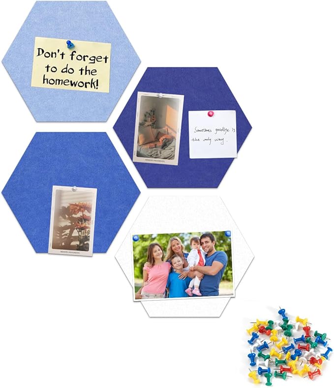Uoisaiko 12" Large Bulletin Board with 15 Push Pins, Pack of 4 Hexagon Felt Pin Board Notice Boards for Home Office, Felt Wall Tiles for Photos Memos (Blue)