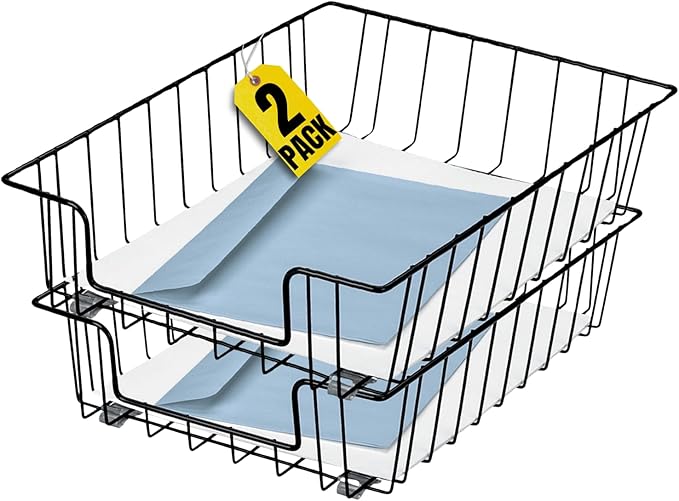 1InTheOffice Letter Tray, Paper Basket for Desk, Paper Trays, Front Load, Black Steel, 2 Pack