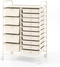 HAPPYGRILL 15-Drawer Rolling Cart, Storage Carts with Removable Drawers & Steel Frame, Utility Cart on Lockable Wheels for Home, School, Office (Ivory)
