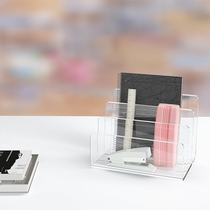 Richboom Acrylic File Sorter, 8.5"x6.3"x6.2", Upright File Organizer for Desk, Mail Organizer Countertop, File Holder for Letter, Document, Notebook, Clear, 3 Sections