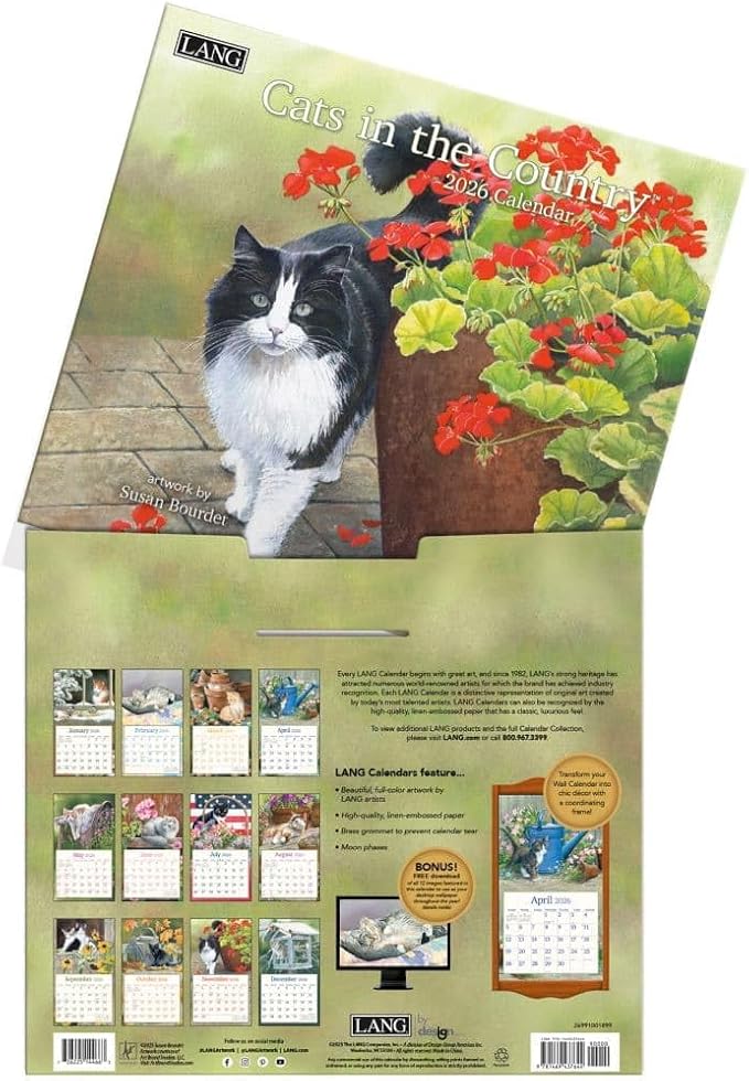 Lang Cats in the Country 2026 Wall Calendar – 13.4" × 12", 12-Month Calendar with Stapled Binding, Linen-Embossed Art by Susan Bourdet, Rural Feline Imagery