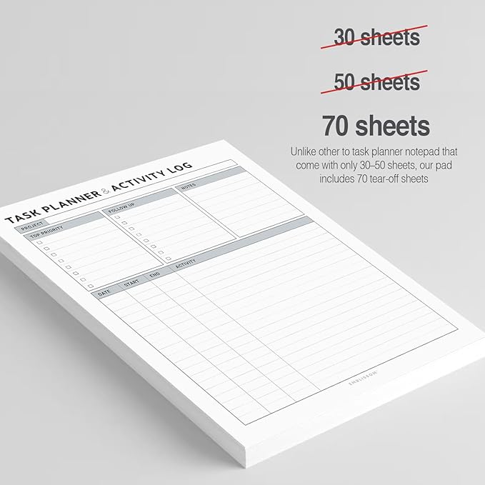 Task Planner & Tracker 8.5 x 11 Tear-Off 70 Sheet Planner Pad – Project Organizer with Time Log, Top Priority, Follow-Up – Notepad for Home & Office (White, Classic, 2 Pack)