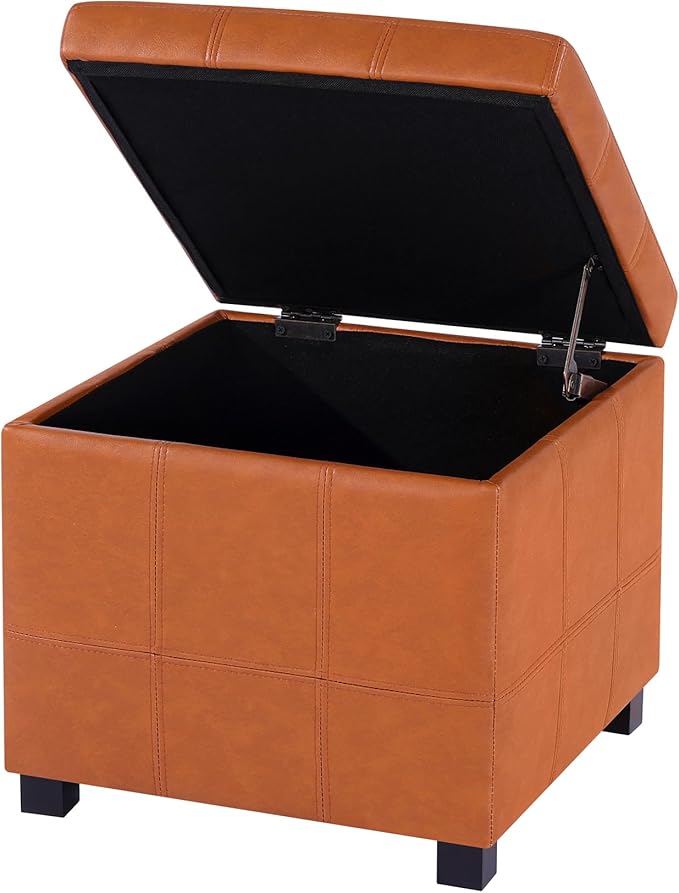Homebeez Faux Leather Lift Top Storage Ottoman Bench with Solid Wood Frame & Tufted PU - 17.3 Inch Cube Footrest, Seat, with Metal Hinges for Living Room, Bedroom, Dorm | Orange Brown