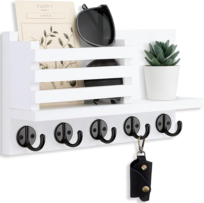 Lwenki Key Holder for Wall – Decorative Wooden Mail Holder and Key Shelf with Mounting Hardware, Installation Guide – Paulownia Wood with 5 Metal Key Hooks (11.8” x 6.7” x 2.8”)
