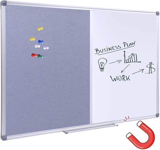 DexBoard 36 x24 inch Cork & Dry Erase Combo Board - Magnetic Whiteboard & Grey Bulletin Board for Office, Home, Classroom | Wall-Mountable with Aluminum Frame & Pen Tray