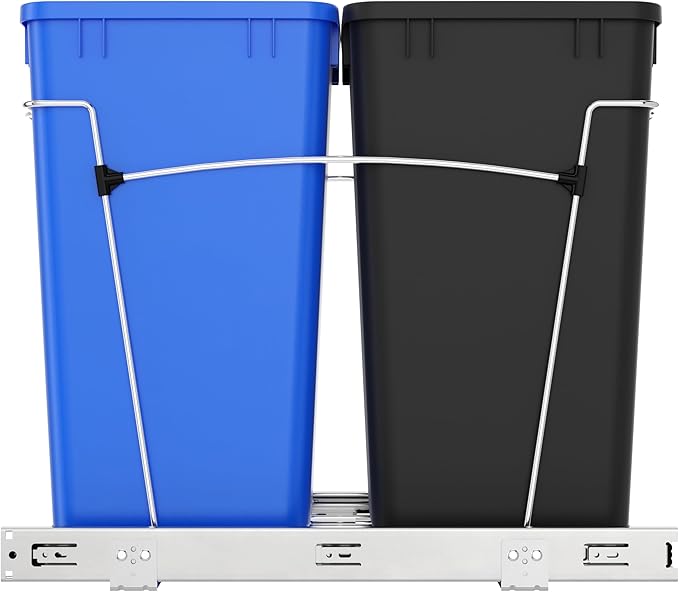 Rev-A-Shelf Pullout Trash Can for Kitchen Cabinets 27 Qt Garbage Recycling Bin with Full Extension Slides, Blue/Black, RV-15KD-2218C-S