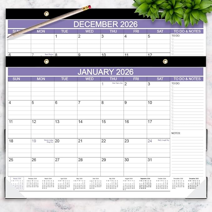 2026 Desk Calendar - Calendar 2026 from January 2026 - December 2026, Desk Calendar 2026 with to-do List, 12" x 17", Purple