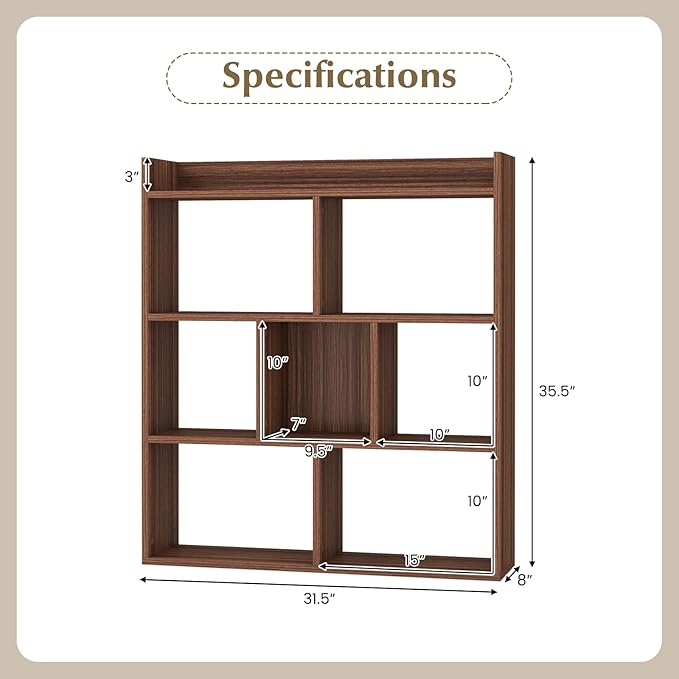 Giantex 7 Cube Bookshelf, Free-Standing Wooden Bookcase, 4 Tier Home Display Shelf, Horizontal Storage Unit w/Anti-Toppling Devices, Open-Back Display Rack for Study, Bedroom, Living Room, Walnut