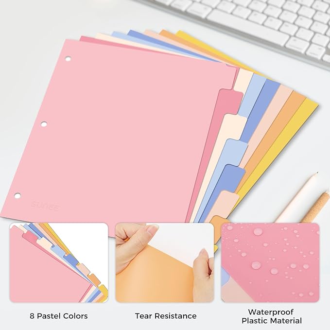 SUNEE 8 Tab Binder Dividers,Plastic Dividers for 3 Ring Binder,3 Ring Binder Dividers with Tabs for School Office Home Supplies,Pastel Color, 5 Set