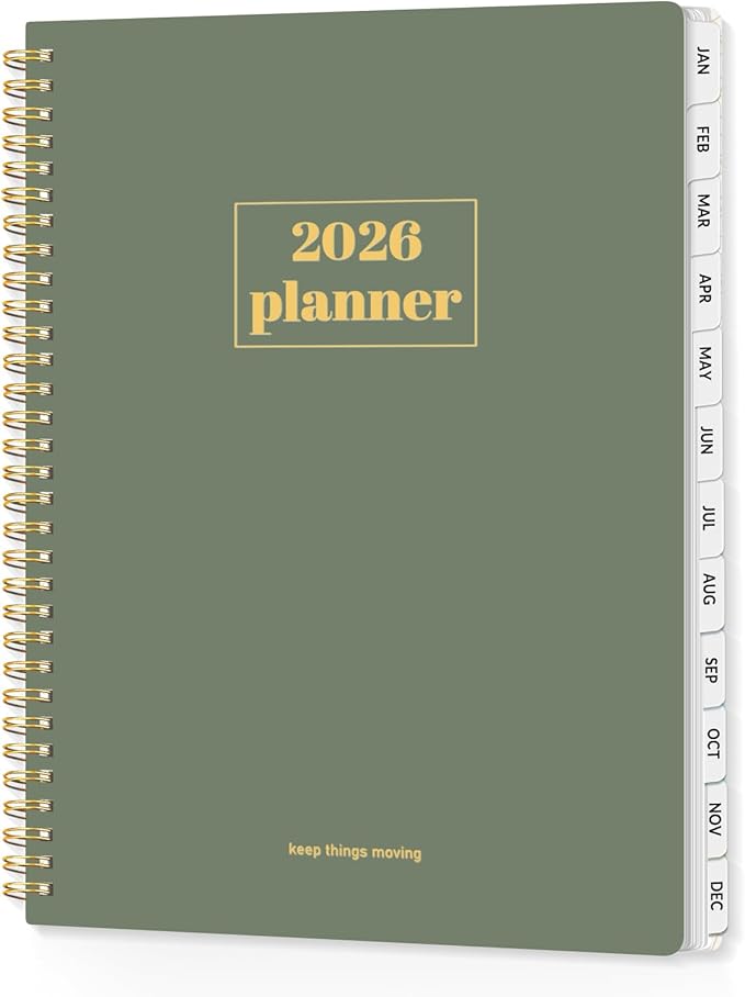 SUNEE 2026 Planner, Weekly and Monthly Calendar Planner, January 2026-December 2026, Daily Agenda with Tabs, Note Pages, Spiral Binding, 8.5"x11", Sage Green