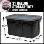 Rubbermaid Garage Storage Bins Black Plastic Stackable Storage with 3-Pack 31 GAL Capacity, Totes for Storage Home Organization Durable - Heavy Duty (31 GAL - 3 Pack Solid Black and Grey)