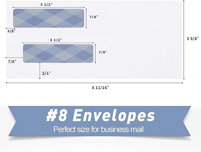 500#8 Self Seal Business Envelopes, PANDRI No.8 Double Window Design for Business and Quickbooks Check(invoice not fit), Documents Secure Mailing - Number 8 Size 3 5/8 X 8 11/16-24LB