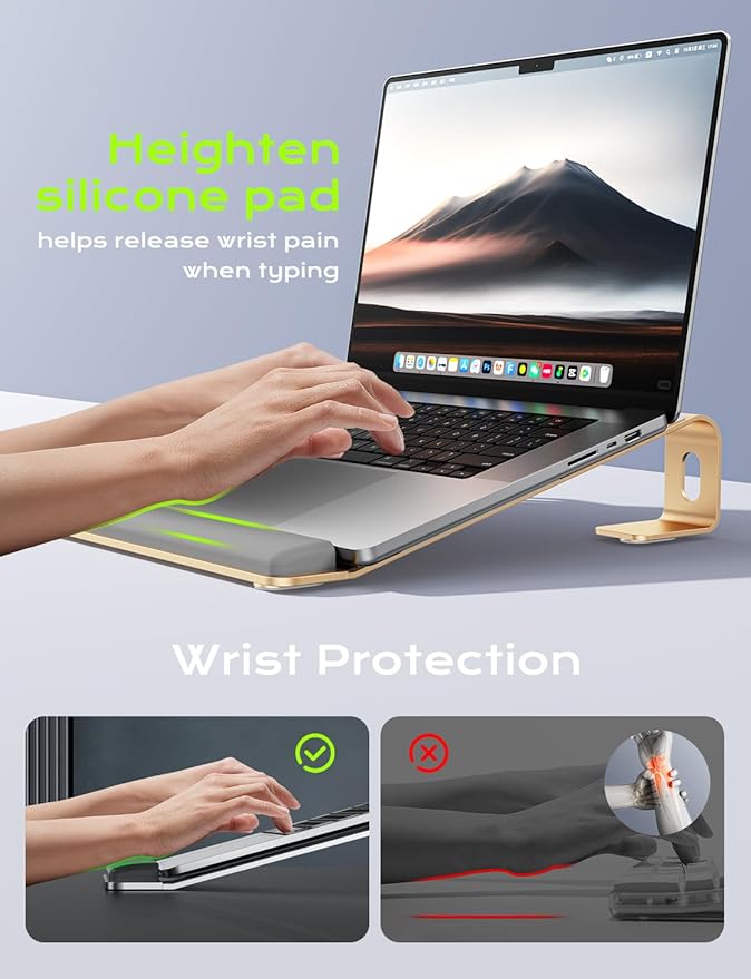 JCZT Aluminum Laptop Stand, Notebook Stand with Wrist Rest, Ergonomic Detachable Laptop Mount, Computer Stand Compatible with 10-17'' All Laptops Such as MacBook Air Pro/HP/Dell/Lenovo, Gold