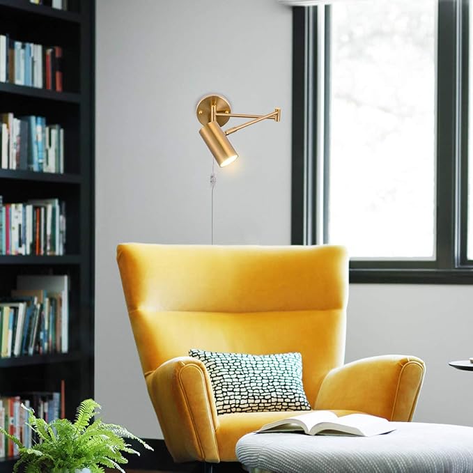 Ahaloye Gold Plug in Wall Sconces Set of 2, Modern Swing Arms Wall Lamp with Plug-in Cord Adjustable Wall Light for Bedroom Living Room (Light Source Included)