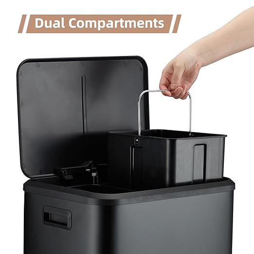 MilleLoom 30L/8 Gallon Trash Can - 2 x 4 Gal Dual Compartment Stainless Steel Kitchen Recycling Trash Can, Soft-Close Lid, Removable Plastic Inner Bucket, Double Waste Bin for Home Office - Black