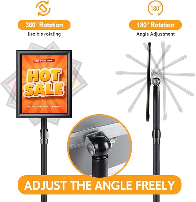 RedChili 2 Pack Sign Holder Stand 8.5x11 Inch, Adjustable Floor Standing Sign Holder Signage Stand with Aluminum Snap-Open Frame Vertical Horizontal View Display For Malls Schools Restaurants (Black, Sharp Corner)