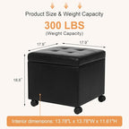 Homebeez Leather Storage Ottoman with Steerable Rolling Wheels, 17.9" Square Small Foot Rest Stool Tufted Cube Footstool with Hinged Lid, Load 300 lb, for Living Room, Bedroom, Entryway, Black