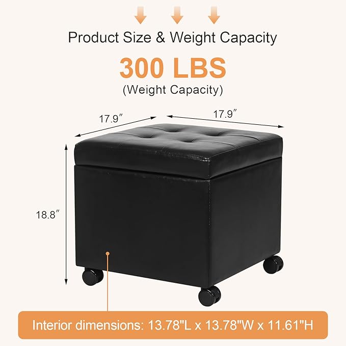 Adeco Modern Leather Ottoman with Wheels, 18.8" Black Square Rolling Ottoman with Storage, Upholstered Button Tufted Vanity Stool with Hinged Lid for Living Room, Bedroom, Dorm