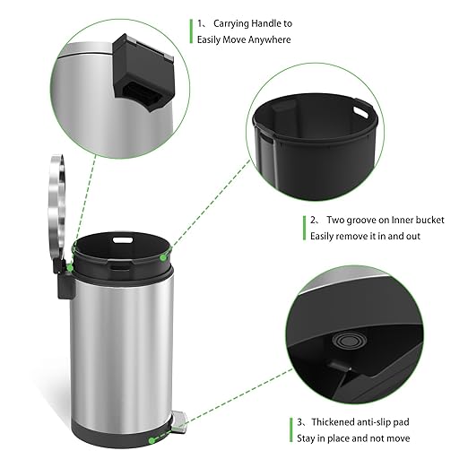 SIMPLYKLEEN Trash Can with Lid - 30 Liter/8 Gallon Round Stainless Steel Trash Can with Odor Protection Kitchen Garbage Cans with Soft-Close Foot Pedal Step Bin for Bathroom Home Kitchen Office