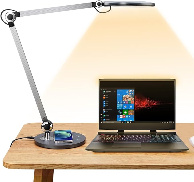 Buanick Desk Lamp,Led Architect Desk Lamp,Desk Lamps for Home Office,Table lamp with Wireless Charger & Adjustable Swing Arm,Touch Control, 3 Lighting Mode,5 Brightness,Eye-Caring Office Lamp