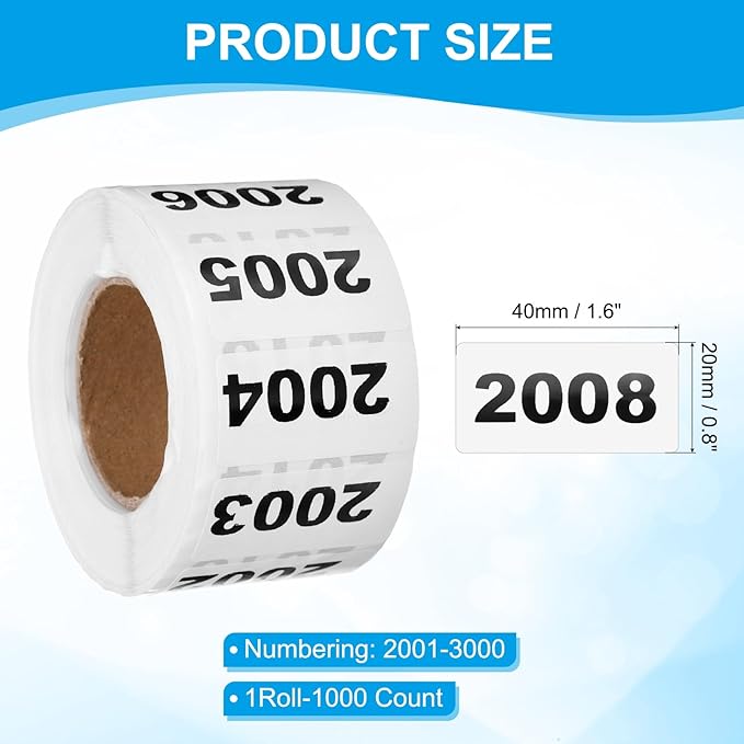 PATIKIL 0.8 x 1.6 Inch Inventory Number Sticker, 1 Roll 2001 to 3000 Consecutive Number Labels Self-Adhesive Labels Tag 1000 Stickers for Office Warehouse Numbering Classification, Black