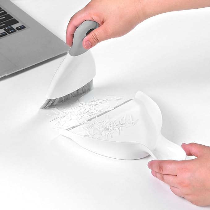NACENA Mini Dustpan and Brush Set, Small Broom and Dustpan Set Dust Pan and Mini Hand Broom Dustpan and Broom Combo Compact for Home Table Keyboards Sofa Kitchen, White & Gray
