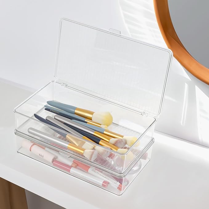 ZEXALOR Pack of 2 Clear Storage Bins with Lids, Small Storage Containers Boxes with Lids, Dresser Organizer, Tea Bag Organizer, Freezer Bin, Plastic Drawer Organizers (10.6×6.1×2.3“)