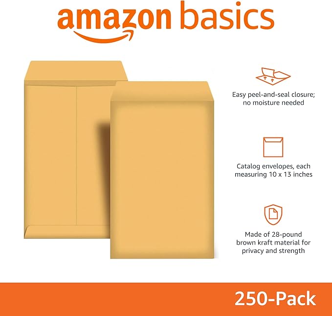 Amazon Basics Catalog Mailing Envelopes, Peel and Seal, 10x13 Inch, Brown Kraft, 250-Pack