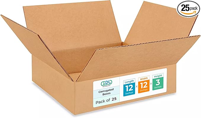 Medium Moving & Shipping Boxes 12"L x 12"W x 3"H (25-Pack) - Extra Strength 200 lb vs Regular - Corrugated Boxes for Shipping - Packing Box for Moving Medium - Box to Pack by IDL Packaging