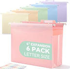 SortRax Plastic High Capacity Hanging File Folders, Pastel Colors, 4" Expanding Pocket with Movable Dividers, Heavy Duty for Filing Cabinet, Insertable Tabs, Letter Size - 6 Pack